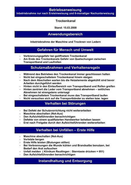 Betriebsanweisung Anwendungsbereich Gefahren fÃ¼r ... - Lederpedia