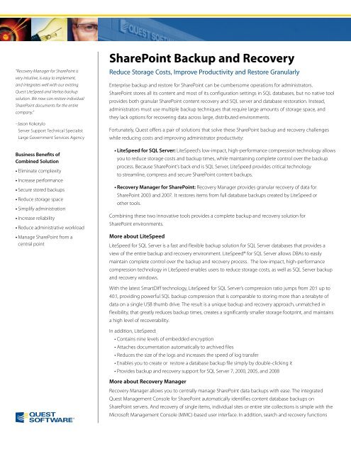 SharePoint Backup and Recovery - Quest Software