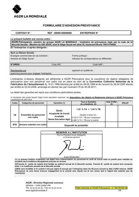 FORMULAIRE D'ADHESION PREVOYANCE - Ag2r