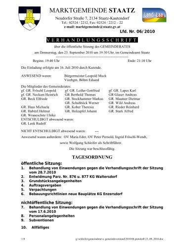 Protokoll der Gemeinderatssitzung vom 23.09. 2010 - SPOE-Staatz ...
