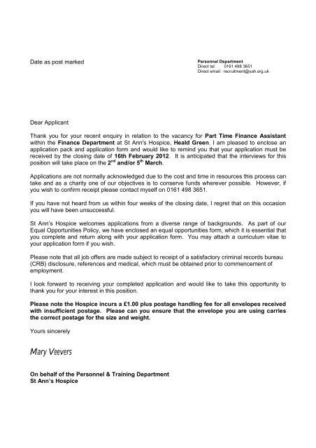 Application letter - St Ann's Hospice