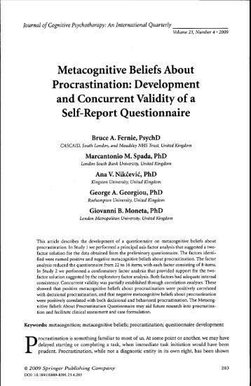 Metacognitive Beliefs About Procrastination ... - Anitacrawley.net