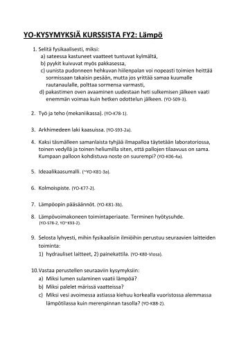 YO-KYSYMYKSIÄ KURSSISTA FY2: Lämpö