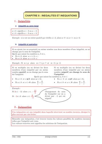 CHAPITRE 8 : INEGALITES ET INEQUATIONS 1 . In galit s 2 . In ...