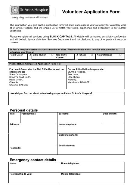 SAH Volunteer Application Form - St Ann's Hospice