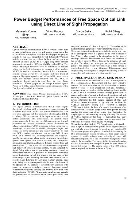 Power Budget Performances of Free Space Optical Link using Direct ...