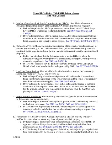 8/21/09 1 Tanks RBCA Rules: DNR/PSTIF Primary Issues with Rule ...