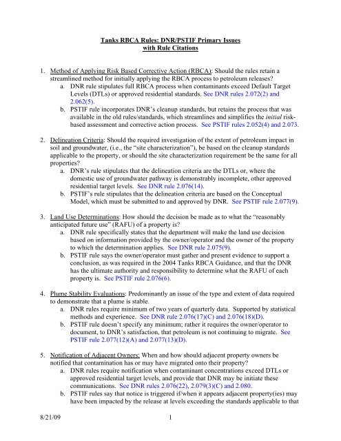 8/21/09 1 Tanks RBCA Rules: DNR/PSTIF Primary Issues with Rule ...