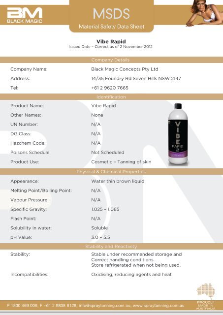 Material Safety Data Sheet Vibe Rapid - Black Magic Spray Tanning