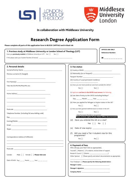 Research Application Form - London School of Theology