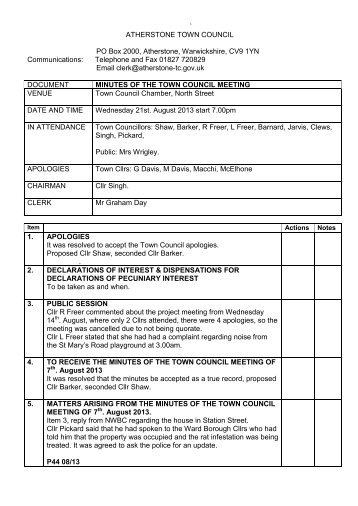 Minutes of meeting 21st. August - Atherstone Town Council