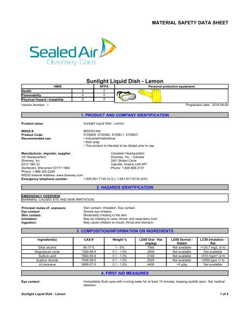 SUNLIGHT Lemon Fresh Dishwashing Liquid - MSDS