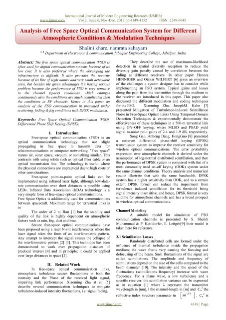 Analysis of Free Space Optical Communication System for ... - ijmer