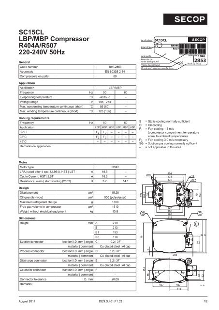 SC15CL LBP/MBP Compressor R404A/R507 220-240V 50Hz - Secop