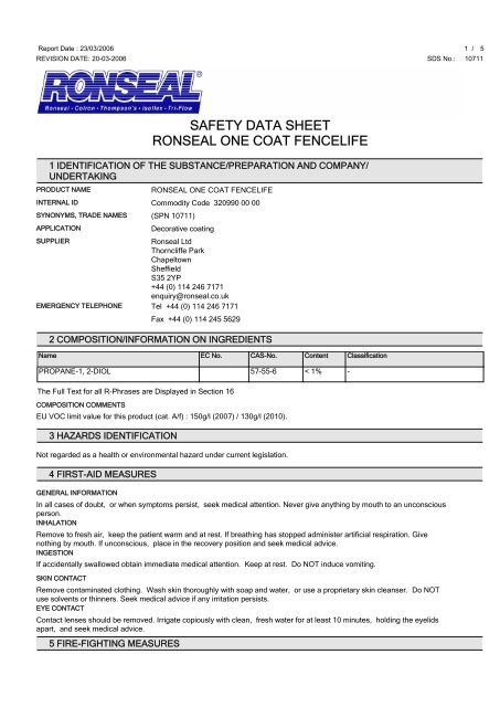 Safety Data Sheet Ronseal One Coat Fencelife Toolbank