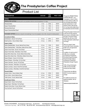 The Presbyterian Coffee Project Product List - Equal Exchange