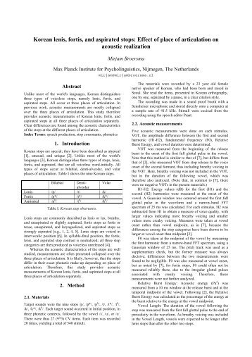 Korean lenis, fortis, and aspirated stops: Effect of ... - Mirjam Broersma