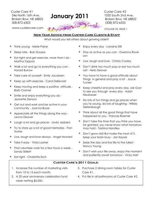 January 2011 Newsletter - Custer Care Center, Broken Bow, Nebraska