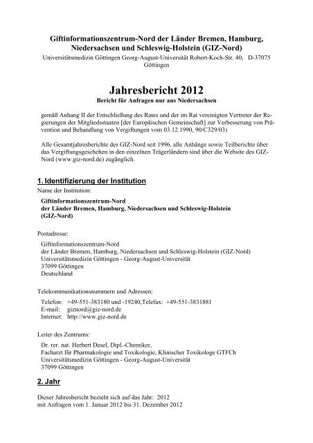 Jahresbericht 2012 - Giftinformationszentrum-Nord