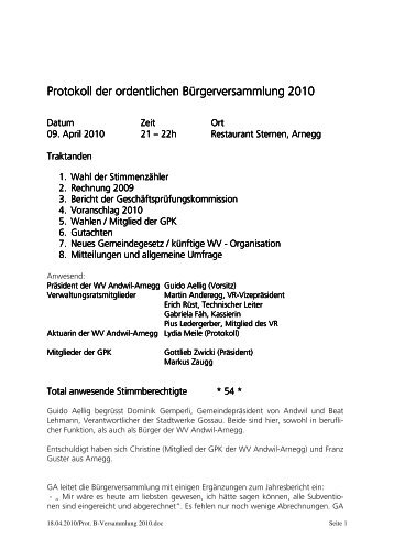 Prot. B-Versammlung 2010 - Wasserversorgung Andwil-Arnegg