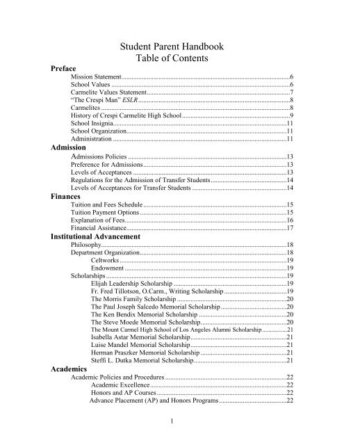 Student Parent Handbook Crespi Carmelite High School