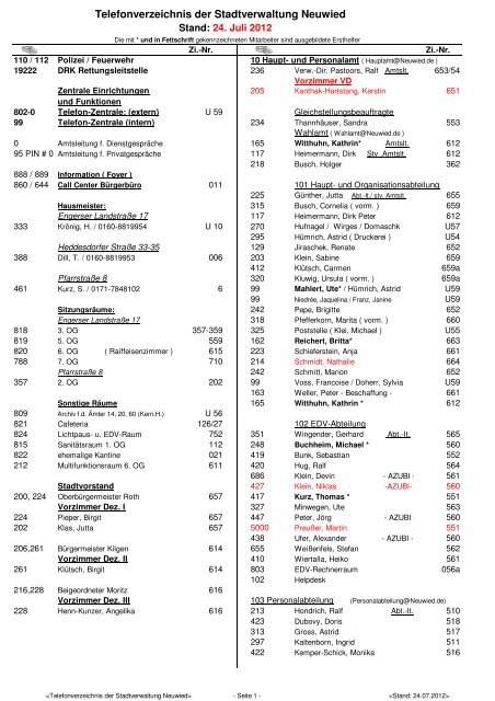Telefonverzeichnis der Stadtverwaltung Neuwied
