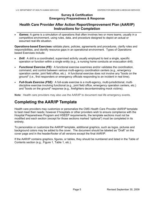 Health Care Provider After Action Report/Improvement Plan (AAR/IP ...