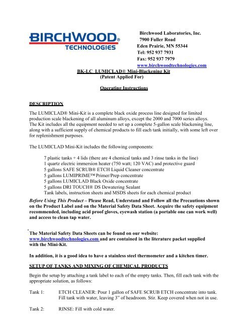 Operating Instructions - Birchwood Technologies
