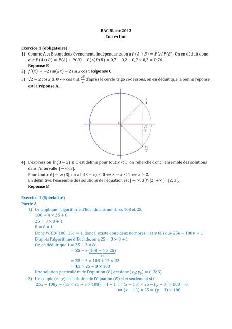 BAC Blanc 2013 Correction Exercice 1 (obligatoire) 1) Comme A et ...