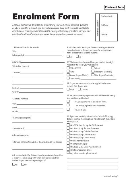 Distance Learning Enrolment Form - London School of Theology