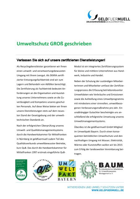 Infomappe der geldfuermuell GmbH | Druckerpatronen auch leer wertvoll