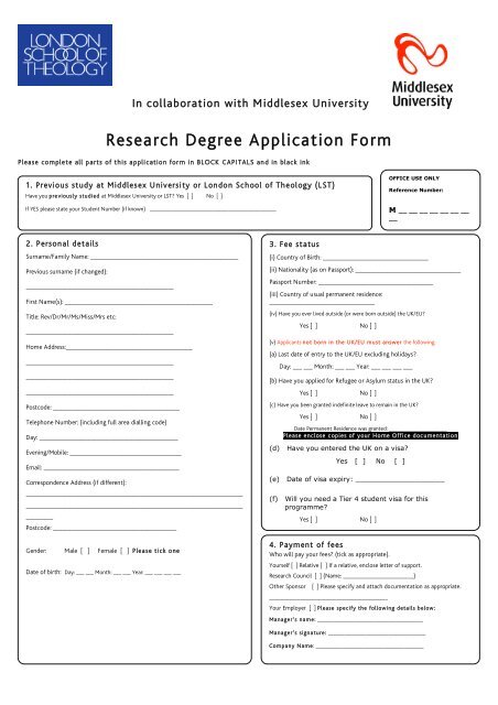 Research Degree Application Form - London School of Theology