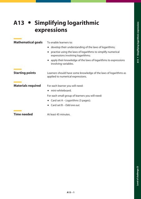 A13 Simplifying logarithmic expressions - Great Maths Teaching Ideas