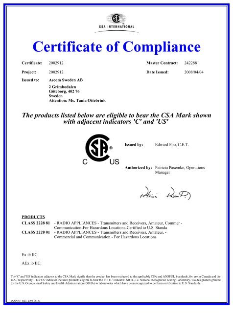 Certificate of Compliance - Ascom-WS