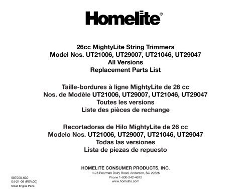 26cc MightyLite String Trimmers Model Nos. UT21006, UT29007 ...