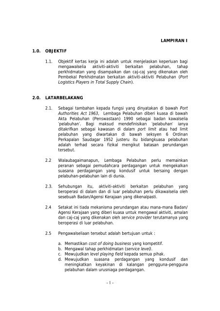 1 - LAMPIRAN I 1.0. OBJEKTIF 1.1. Objektif kertas kerja ... - Port Klang