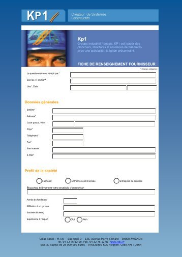 FICHE DE RENSEIGNEMENT FOURNISSEUR - KP1