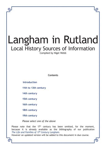 Sources of Langham Local History Information 11th &gt; 19th century
