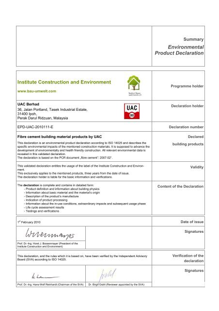 environmental product declaration according to ISO ... - UAC Berhad