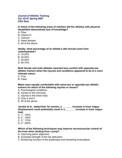 Journal of Athletic Training Vol 42 #1 CEU Quiz Questions - National ...