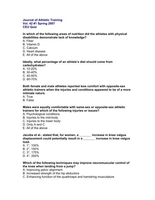 Journal Of Athletic Training Vol 42 1 Ceu Quiz Questions National