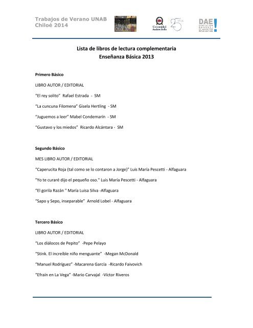 Lista de libros de lectura complementaria Enseñanza Básica 2013