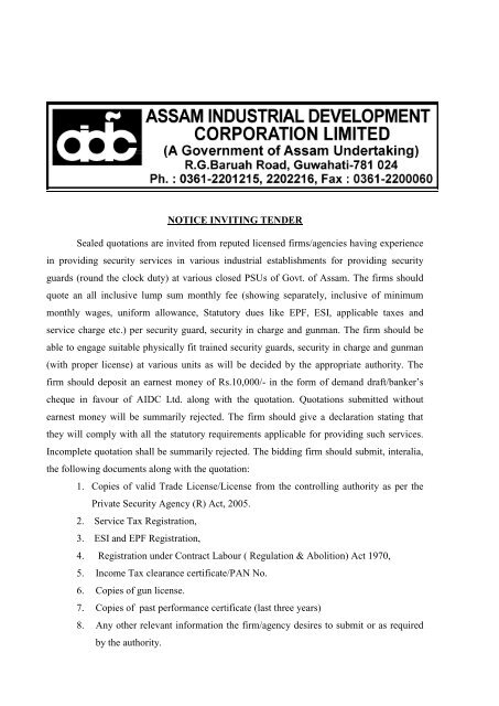 NOTICE INVITING TENDER Sealed quotations are ... - Invest in Assam