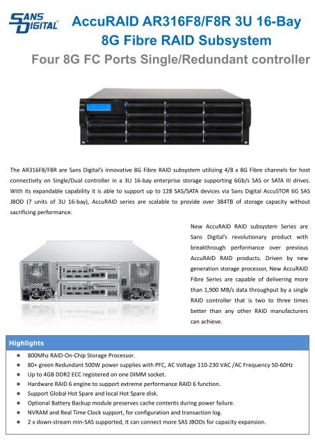 AccuRAID AR316F8/F8R 3U 16-Bay 8G Fibre RAID Subsystem Four ...