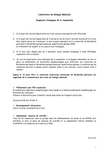 Diagnostic biologique de la coqueluche - Centre Hospitalier de ...