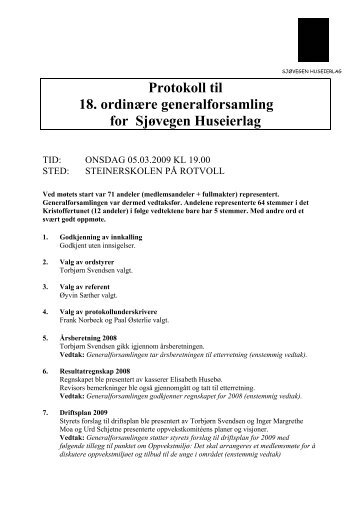 Protokoll til 18. ordinære generalforsamling for Sjøvegen Huseierlag