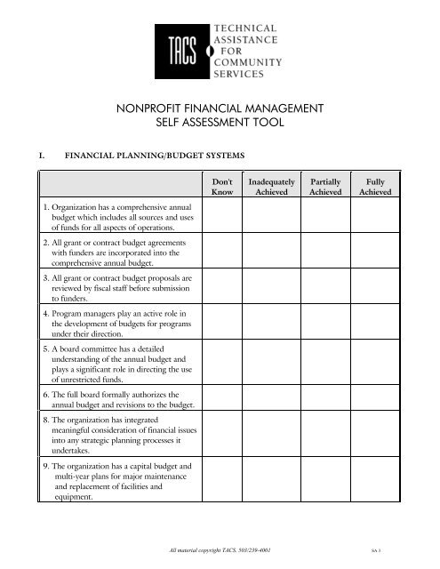 nonprofit financial management self assessment tool - COCo
