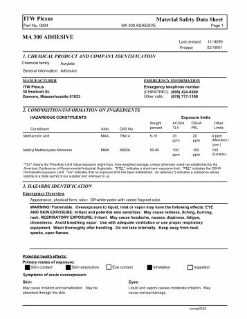 ITW Plexus Methacrylate Material Safety Data Sheets - On-Hand ...