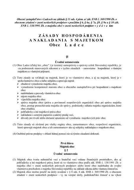 ZÃ¡sady hospodÃ¡renia a nakladania s majetkom obce Ladce (.pdf)