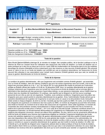 Réponse ministérielle du 17/05/2011 à la question de Mme Marland ...